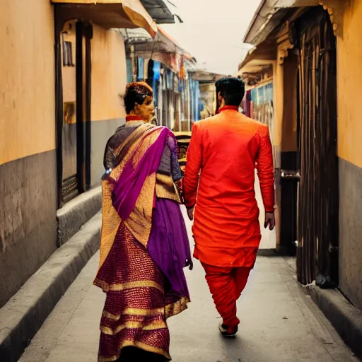 Image similar to a dramatic photograph of a person wearing traditional indian clothes, person wearing indian traditional clothes walking in a modern city, cinematic lighting