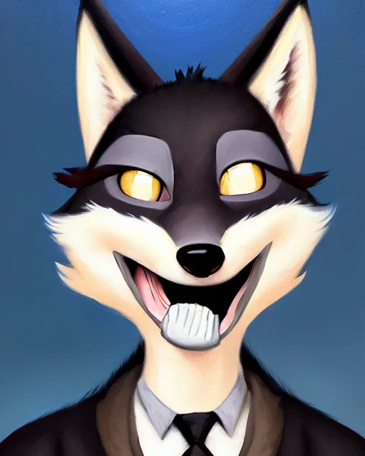 Image similar to oil painting of anthromorphic female wolf, in style of cory loftis, fursona, furry, furaffinity, 4 k, deviantart, furry art, fursona art, wearing black business suit, business suit, in style of zootopia, wolf fursona, cyberpunk, female, very very very expressive detailed feminine face,