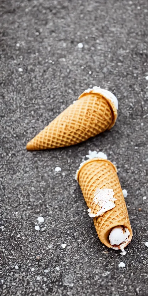 Prompt: ice cream cone splattered on a pavement in italy