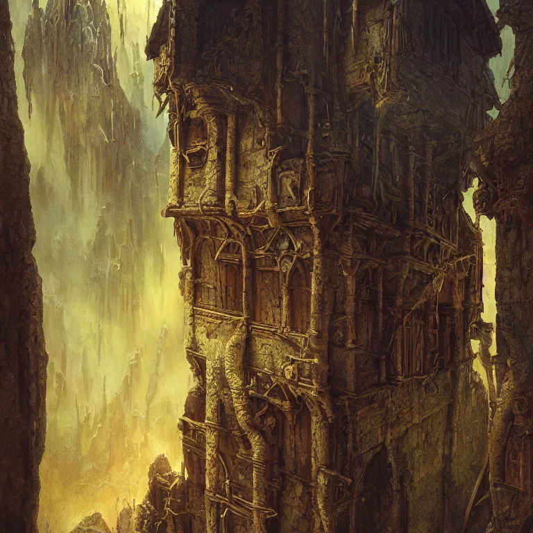 Image similar to a detailed painting inspired by moebius and beksinski of a medieval two floor building. fantasy poster. lord of the rings style. cinematic fantasy scene. fantasy. carl spitzweg. renaissance elements. renaissance element. oil painting. award winning. trending on artstation. 8 k