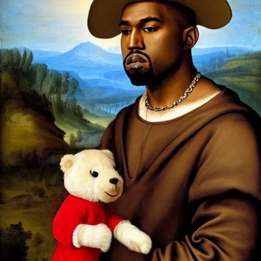 Image similar to A renaissance painting of Kanye West with a anthropomorphic Teddy Bear mascot, portrait,