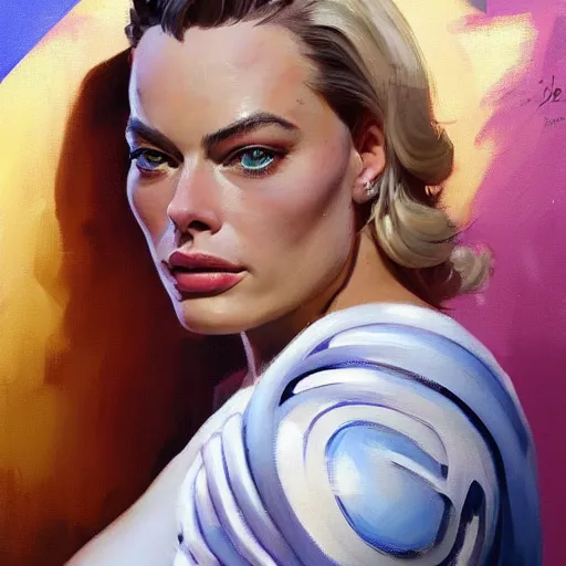 Image similar to greg manchess portrait painting of margot robbie as beautiful thick female bodybuilder zarya from overwatch, medium shot, asymmetrical, profile picture, organic painting, sunny day, matte painting, bold shapes, hard edges, street art, trending on artstation, by huang guangjian and gil elvgren and sachin teng