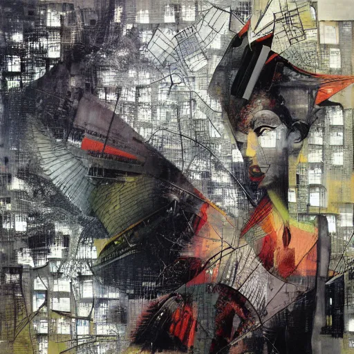 Prompt: a bird moving between urban informatics and computational social science, oil on canvas by dave mckean and yoji shinkawa