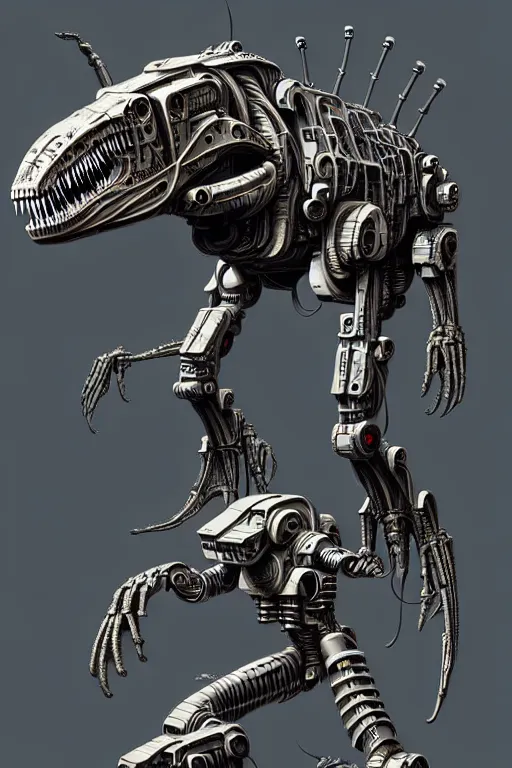 Image similar to trex in a cyborg mech suit, by alexandre ferra, zezhou chen, peter gric, boris artzybasheff and hr giger, hyper detailed, screen print, character concept art, hyperrealism, coherent, cgsociety, zbrush central, behance hd, hypermaximalist