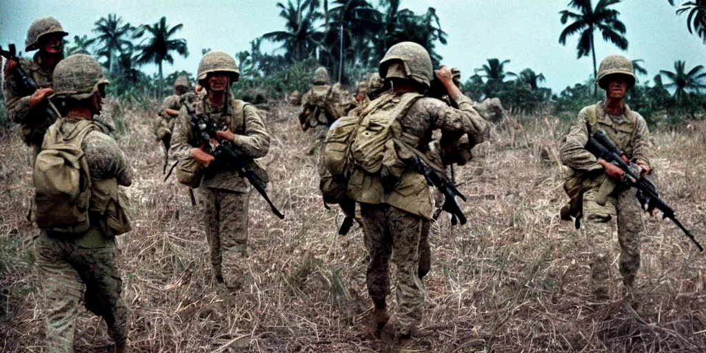 Prompt: u. s. marines move through a landing zone 1 9 6 9, vietnam war, soldiers closeup, face closeup, us flag, jungles in the background, coloured film photography, exposed colour film, ken burns photography lynn novick photography