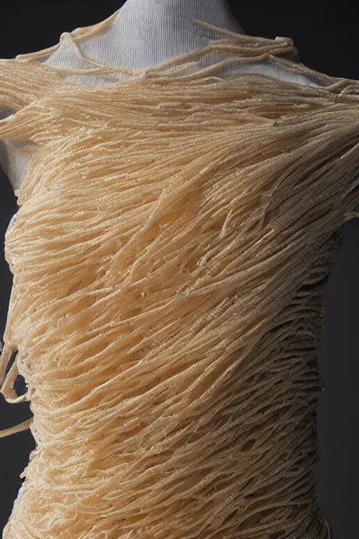 Image similar to A beautiful dress made out of a noodles, on a mannequin. High quality, high resolution, studio lighting