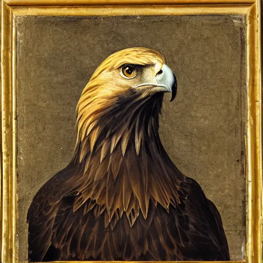 Image similar to a renaissance style portrait of the golden eagle (Aquila chrysaetos) with barretina, dark background