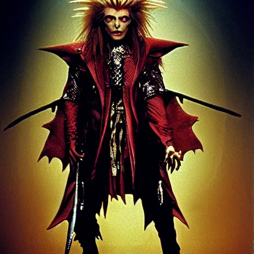 Image similar to David Bowie as the Goblin King from the movie Labyrinth (1986) but he's dressed like a Ninja with a Ninja mask and very big 80's glamrock hair, intricate, highly detailed, fullbody, artstation, concept art, smooth, sharp focus, illustration, art by greg rutkowski and orientalism and bouguereau and Zdzislaw Beksinski, good clear quality, lighting, biology, symmetrical artwork, perfect face, 135 mm, cinematic, hyper realism, high detail, octane render, 8k, chrome accents