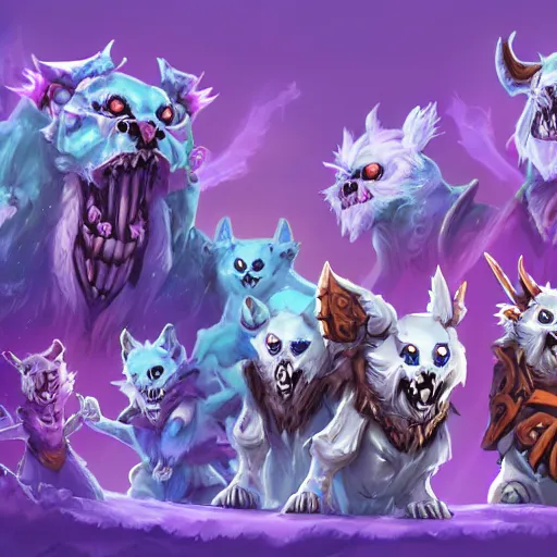 Image similar to cute fluffy animal skeleton creatures. blizzard warcraft animal creatures, graveyard background, bright art masterpiece artstation. 8k, sharp high quality illustration in style of Jose Daniel Cabrera Pena and Leonid Kozienko, violet theme, concept art by Tooth Wu, hearthstone card game artwork