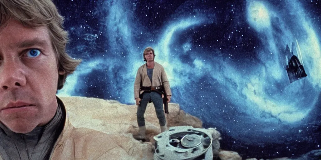 Image similar to screenshot portrait of Luke Skywalker, on a planet of maelstrom, chaos, the world without form and void, 1970s film by Stanley Kubrick, iconic scene, HR Geiger design, stunning cinematography, hyper-detailed, sharp, anamorphic lenses, kodak color, 4k, stunning