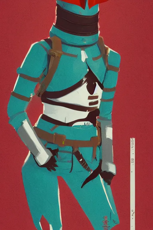 Image similar to female adventurer in tight full - body teal leather armor of japanese design with red accents and a white porcelain crow mask, trending in artstation, japanese, by simon stalenhag, establishing shot