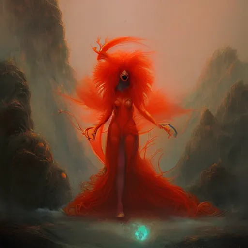 Image similar to prompt A beautiful red orange hairy kumiho, concept art, matte painting, by Peter Mohrbacher