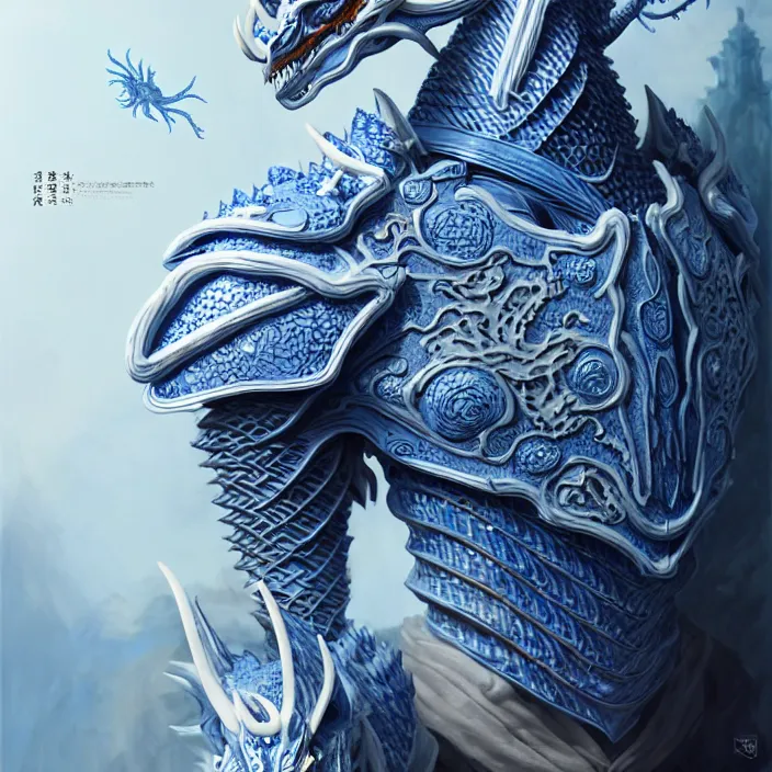 Prompt: man wearing porcelain cyborg armor, Chinese Kangxi Blue and white dragon pattern porcelain, diffuse lighting, fantasy, intricate, elegant, highly detailed, lifelike, photorealistic, digital painting, artstation, illustration, concept art, smooth, sharp focus, art by John Collier and Albert Aublet and Krenz Cushart and Artem Demura and Alphonse Mucha