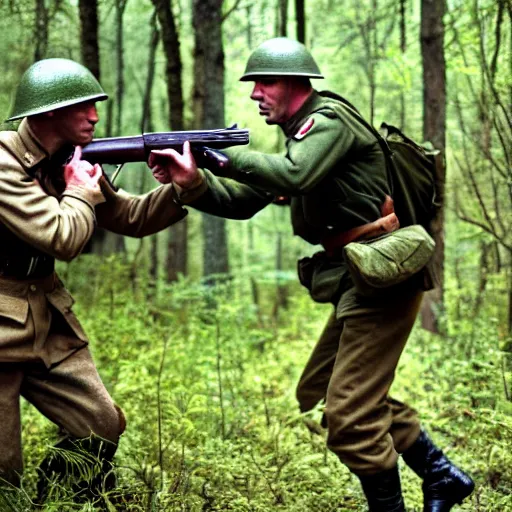 Prompt: ww 2 battlefield encounter in the woods between a german and a soviet soldier