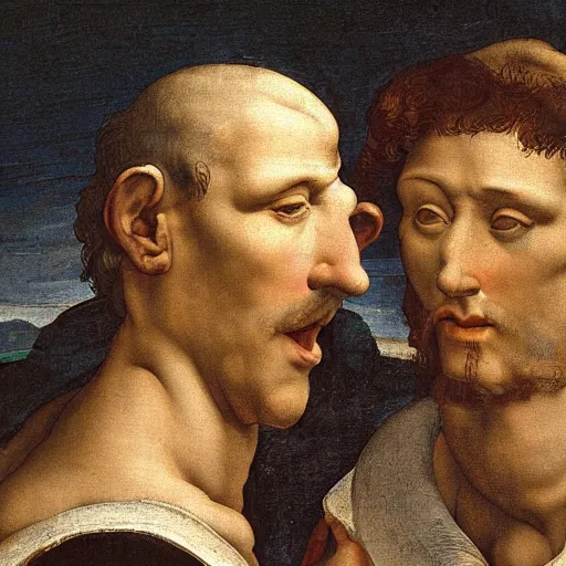 Prompt: high definition portrait of three men talking to each other by Michelangelo