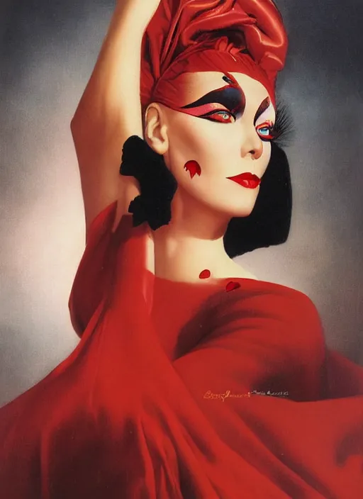 Image similar to an 8 0 s portrait of a woman with dark eye - shadow and red lips with dark slicked back hair dreaming acid - fueled hallucinations by serge lutens, rolf armstrong, delphin enjolras, peter elson, red cloth background