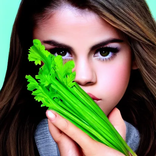 Image similar to realistic photo of a human celery!!!! with selena gomez face, hd, uhd, hdr, cinematic lightning, 8 k, 4 k wallpaper