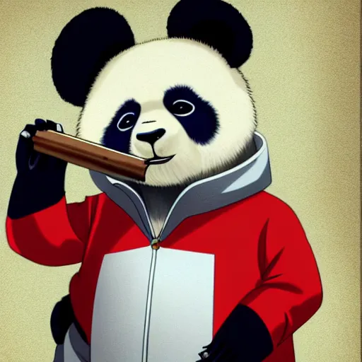 Image similar to patriotic anime panda bear smoking a cigar, 4 k, high resolution, still, landscape, hd, dslr, hyper realistic, illustration, anime