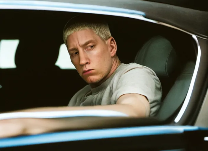 Image similar to a very high resolution image from a new movie, eminem driving a car. inside of a car. alone. mountains, directed by wes anderson