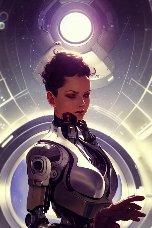 Prompt: sensual beautiful female cyborg wearing deus ex human revolution clothing in a space station above earth, portrait, elegant, intricate details, digital painting, artstation, concept art, smooth, sharp focus, illustration, art by artgerm and greg rutkowski and alphonse mucha