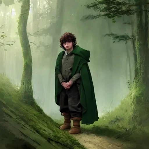 Image similar to a portrait of a handsome hobbit rogue wearing a dark green hood and a cloak in the forest, wearing adventure gear, ultra realistic, detailed, masterpiece, short hair cut, clean shaven, by Greg Rutkowski, trending on ArtStation