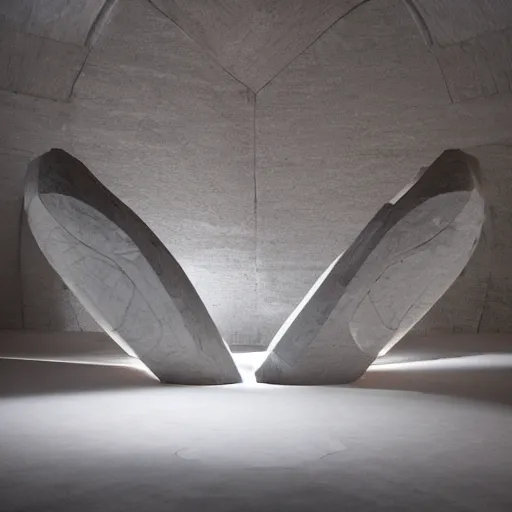 Prompt: a spaceship made of stone with intricate glowing carvings designed by isamu noguchi