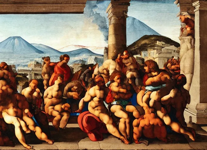 Image similar to detailed painting of average greeks drink wine and have fun against the backdrop of mount vesuvius starting to erupt by michelangelo