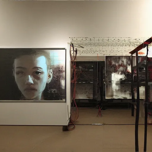 Image similar to portrait of lain iwakura connected to a room full of cables computers and displays by ruan jia and joao ruas. atmospheric