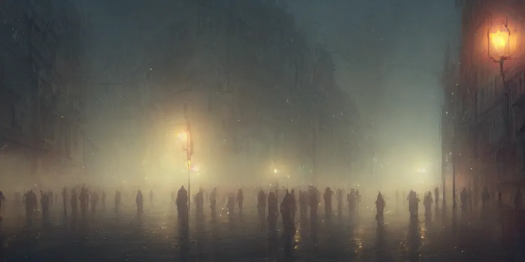 Image similar to a parade in a heavy swirling fog, soft lighting, night, stephen bliss, misty, unreal engine, fantasy art by greg rutkowski, loish, rhads, ferdinand knab, makoto shinkai and lois van baarle, ilya kuvshinov, rossdraws, tom bagshaw, illustration, detailed and intricate environment