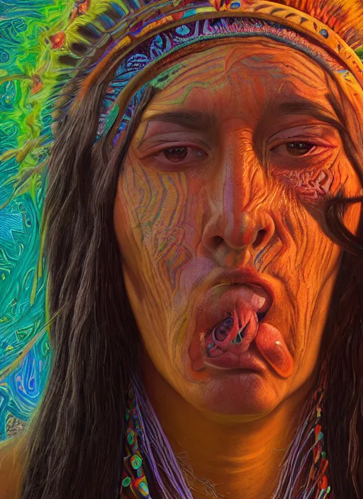 Image similar to portrait ultra dimensional native american woman shaman, accidentally tripping on dmt and acid, psychedelic experience, overwhelming psychosis of self realization and burning awakening, ultra high definition, unreal engine 5, hyperrealism, masterpiece composition, by casey weldon, barclay shaw