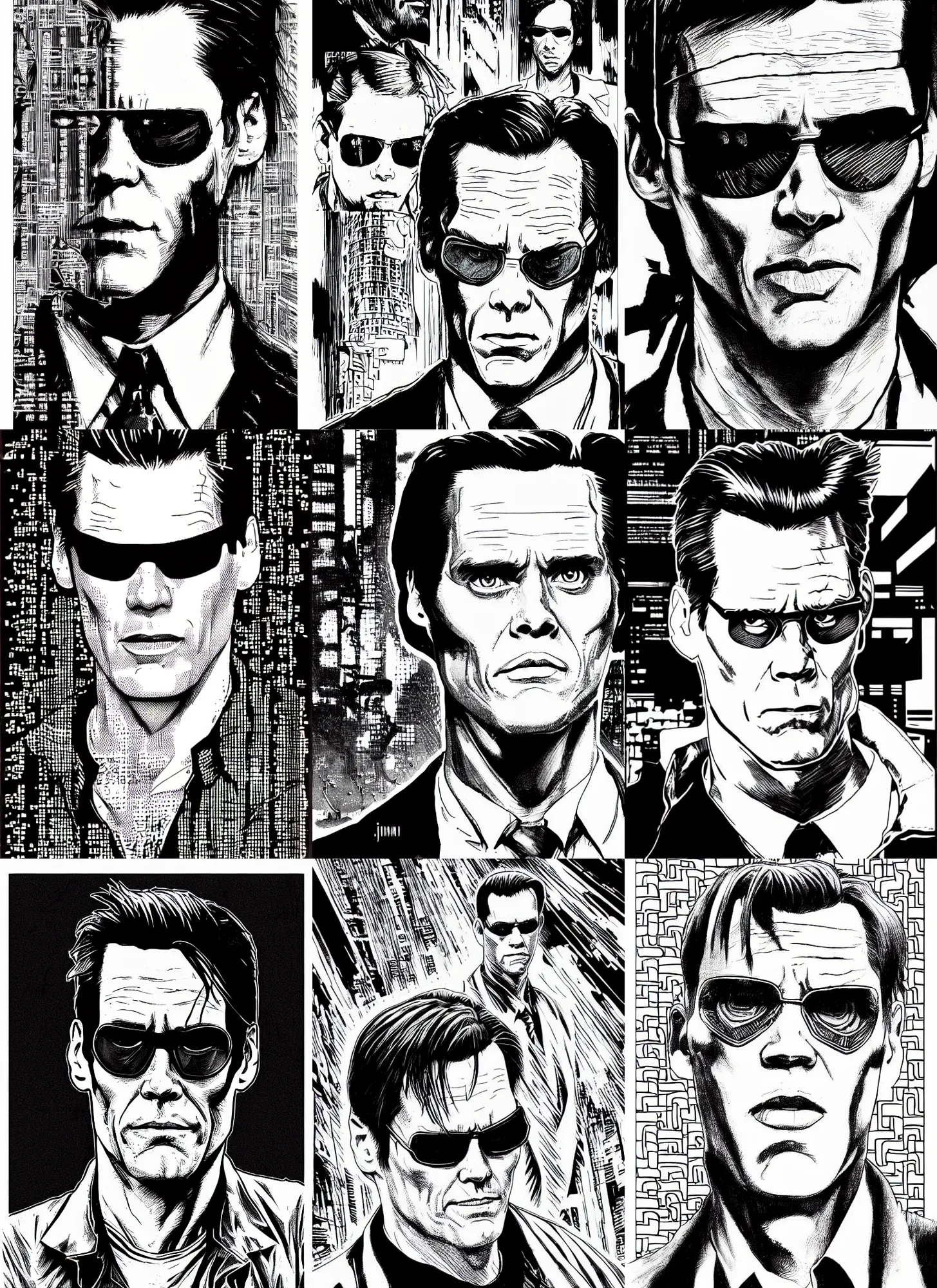 Prompt: jim carrey in the matrix, portrait, cyberpunk 2 0 2 0 manual, by steampoweredmikej, inktober, ink drawing, black and white, coloring pages, manga, highly detailed