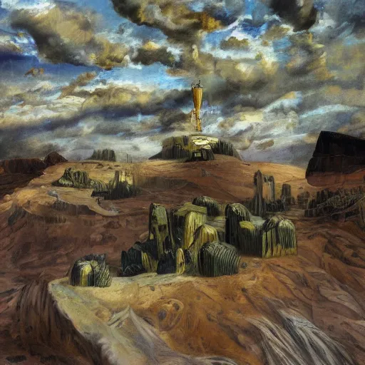 Image similar to a mountain made out of computer screens that display bitcoin logos, cinematic, post - apocalyptic landscape, harsh contrast lighting, in the style of surrealism, made by salvador dali