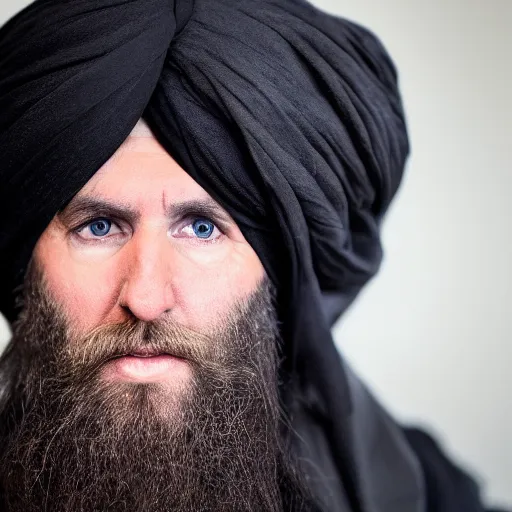 Image similar to a portrait of donald trump wearing a long beard and a turban joining the taliban, fine details, close up, 8 k photography, depth of field, bokeh. i