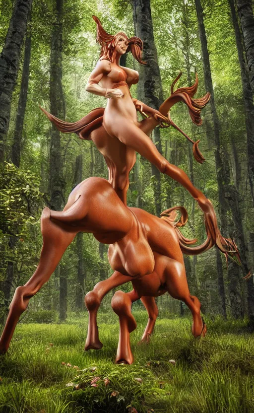 Image similar to photograph of a female centaur in a birch forest, huge detailed muscles in jeff koons hip hop bauhaus style, beautiful detailed face, ultra realistic, concept art, intricate details, serious, highly detailed, photorealistic, octane render, 8 k, unreal engine, natural light, art by todd mcfarlane