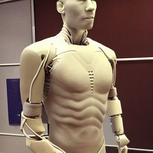 Image similar to “a realistic detailed photo of a guy who is an attractive humanoid who is half robot and half humanoid, who is a male android, American freestyle and folkstyle wrestler Daton Fix, shiny skin, posing like a statue, blank stare, at college, on display”