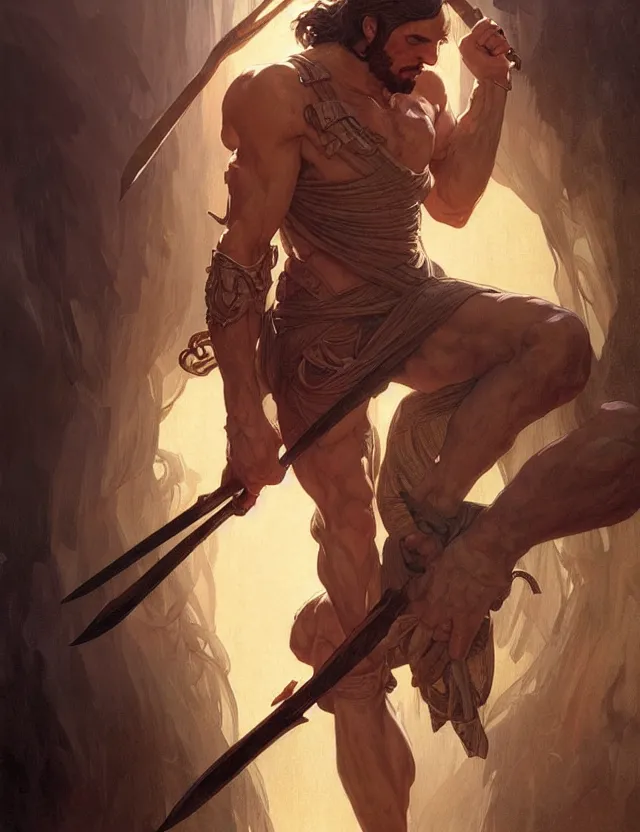 Prompt: portrait of cain from genesis holding a spear, headshot, intricate, highly detailed, digital painting, artstation, concept art, sharp focus, cinematic lighting, illustration, art by artgerm and greg rutkowski, alphonse mucha, cgsociety
