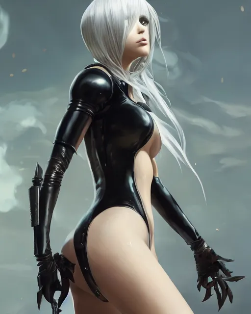 Image similar to full shot league of legends portrait of 2 b nier automata wearing a latex suit, au naturel, hyper detailed, digital art, trending in artstation, cinematic lighting, studio quality, smooth render, unreal engine 5 rendered, octane rendered, art style by klimt and nixeu and ian sprigger and wlop and krenz cushart.