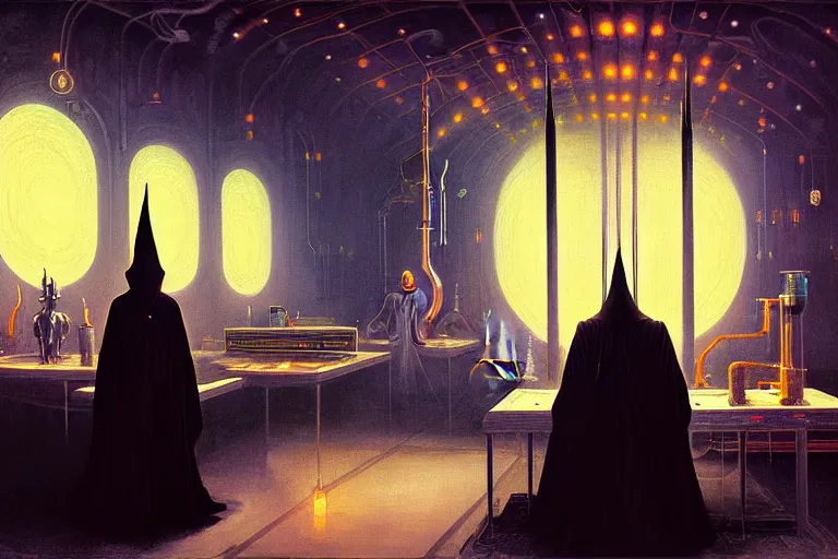 Image similar to a beautiful masterpiece painting of a technomancer wizard in black robes with pointed hood discussing sentience with his synthesized AI djinn in his laboratory filled with computers by Remedios Varo and Anato Finnstark and Greg Rutkowski