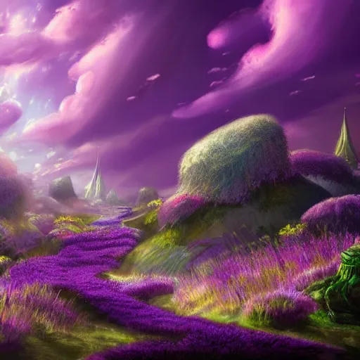 Image similar to landscape of an alice and wonderland themed landscape, purple clouds look the sky, dynamic lighting, fantasy concept art, trending on art station, stunning visuals, creative, cinematic, ultra detailed