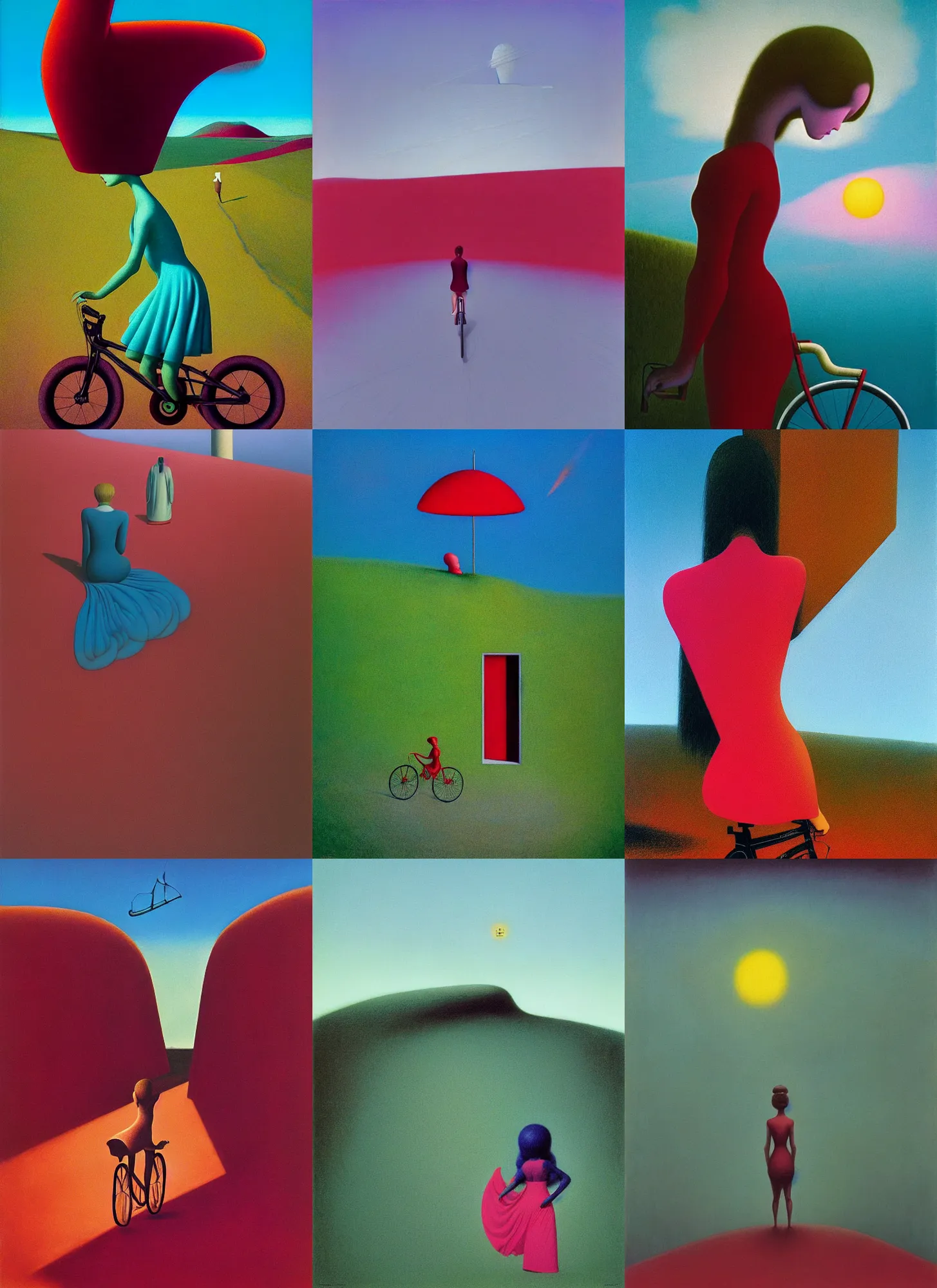 Prompt: Her Aerochrome sundress waves gently as she rides her bicycle up the hill,Edward Hopper and James Gilleard, Zdzislaw Beksinski, Mark Ryden, Wolfgang Lettl highly detailed, hints of Yayoi Kasuma