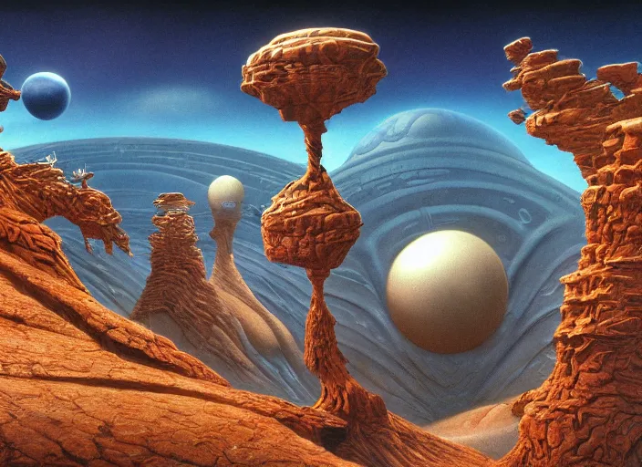 Image similar to strange surrealist detailed alien electronic-musical-instruments!! in a bryce 3d surrealist landscape biome, designed by john howe, and pixar!!, Michael Whelan art directs Dune (1984), hyper detailed, photorealistic, 8k, hd