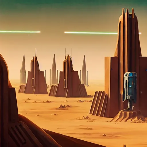 Prompt: tall spire military base with laser turrets shooting, sand dunes, desert planet, war, star wars, warhammer 4 0 k, retro futurism, art deco, simon stalenhag