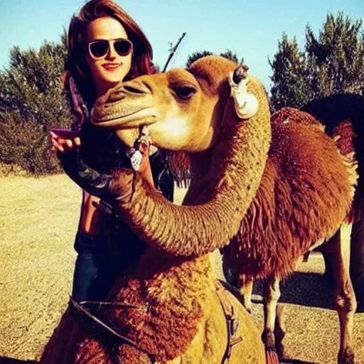 Prompt: photo of Emma Watson as an actual camel at a Halloween party. The Hulk is riding the camel and has flowers in his hair.