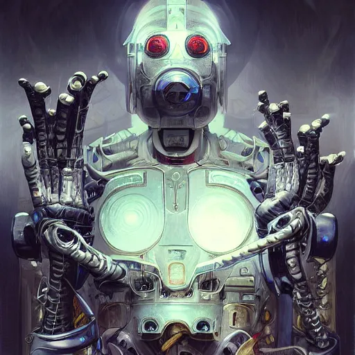 Image similar to low angle shot of a cyberpunk gazmask robot character, intricate, elegant, highly detailed, centered, digital painting, artstation, concept art, smooth, sharp focus, illustration, artgerm, Tomasz Alen Kopera, Peter Mohrbacher, donato giancola, Joseph Christian Leyendecker, WLOP, Boris Vallejo