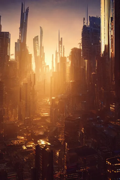 Image similar to cyberpunk cityscape with tall buildings at dusk golden hour orange cinematic lighting, epic composition. A golden daylight, hyper-realistic environment. Hyper and intricate detail, photo-realistic. Cinematic and volumetric light. Epic concept art. Octane render and Unreal Engine, trending on artstation