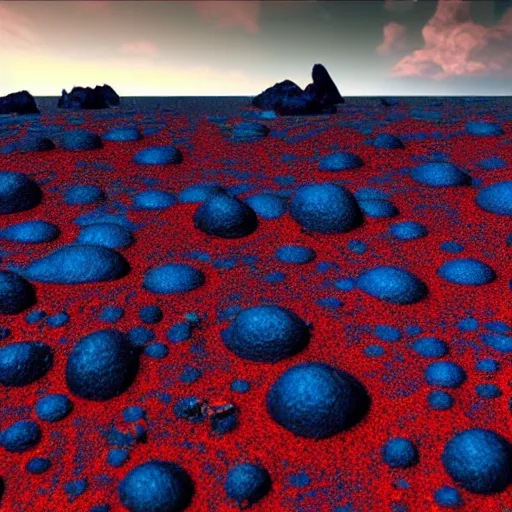 Prompt: an ocean, strange alien landscape, realistic, rocky, red and blue, blue particles, strange red particles, strange, alien - - style, realistic, landscape, depth, movie lightning, realistic epic shaders, landscape