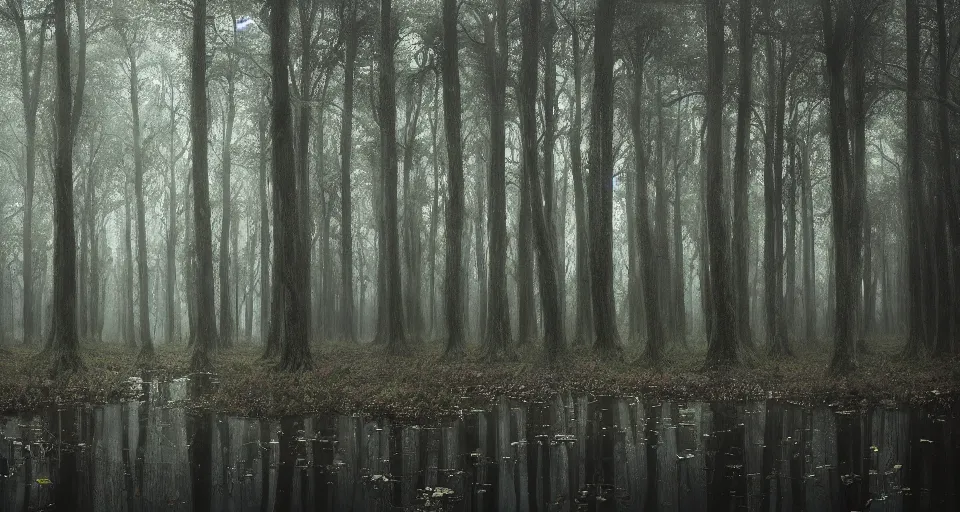 Image similar to A dense and dark enchanted forest with a swamp, by Alyssa Monks