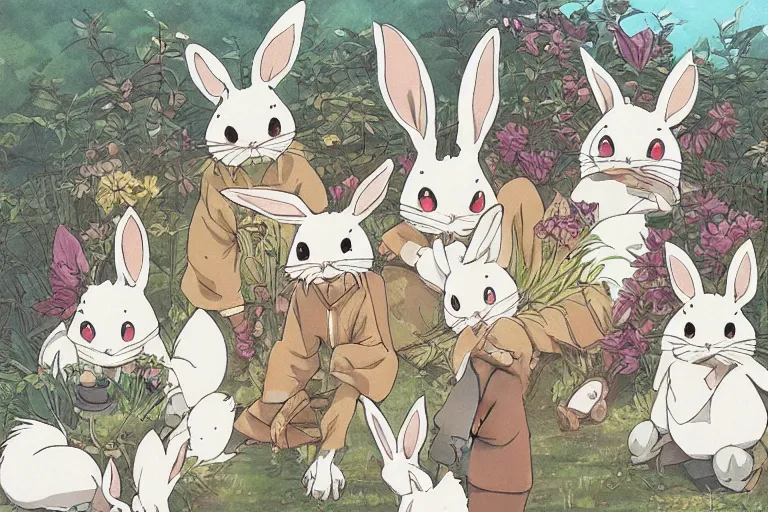 Prompt: beautiful art illustration of a group of rabbits by studio ghibli, anime, highly detailed