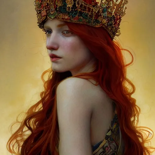 Image similar to beautiful watercolor painting of a young red hair woman wearing a crown of long golden fish, intricate, elegant, highly detailed, digital painting, artstation, concept art, smooth, sharp focus, art by krenz cushart and artem demura and alphonse mucha, dynamic lighting, ultrarealistic, cinematic, octane render, 8 k