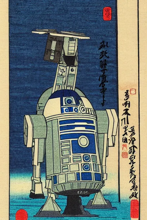 Prompt: Japanese woodblock print of r2d2 , Hiroshige